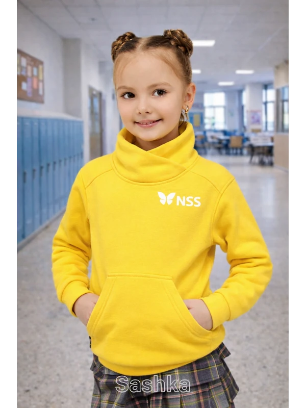 Худі для дівчинки з коміром жовте з логотипом школи NSS, розмір 116-164